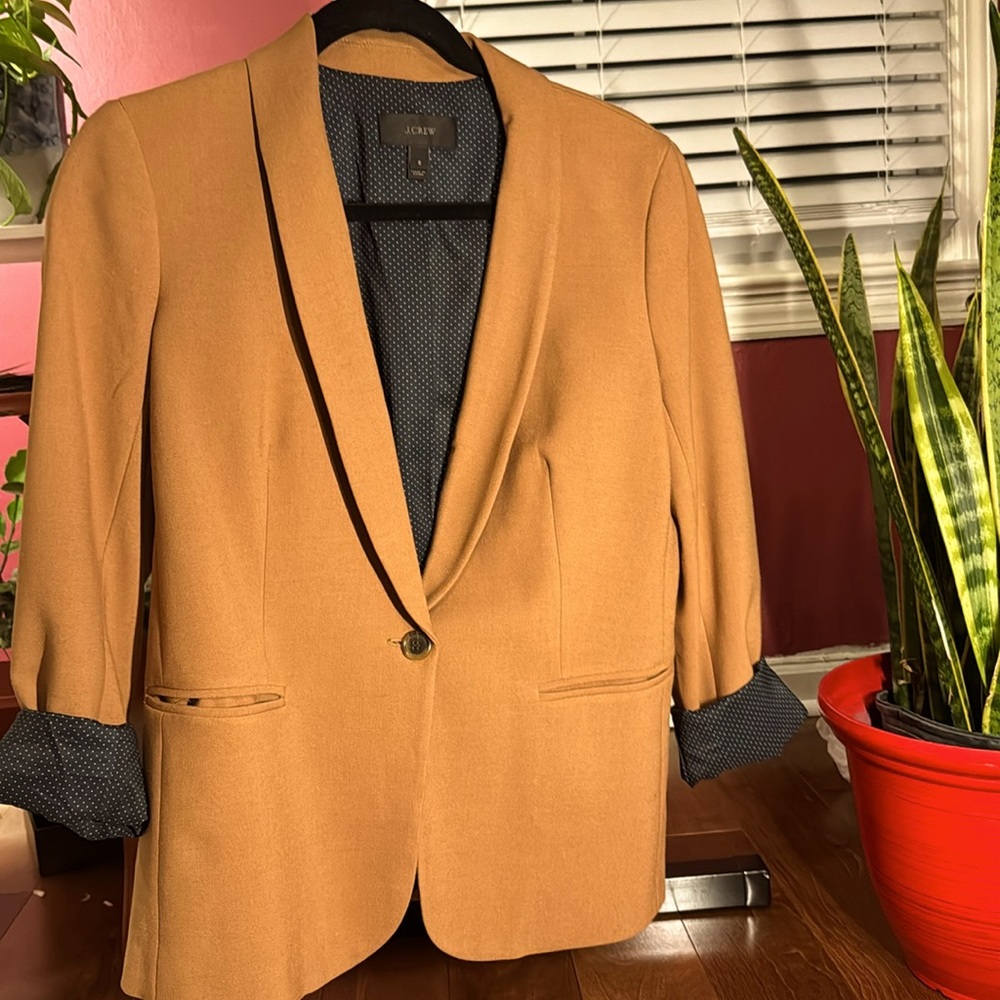 J. Crew Tan (brown) jacket w/pockets, inside lining is blue polka dot (see pics)